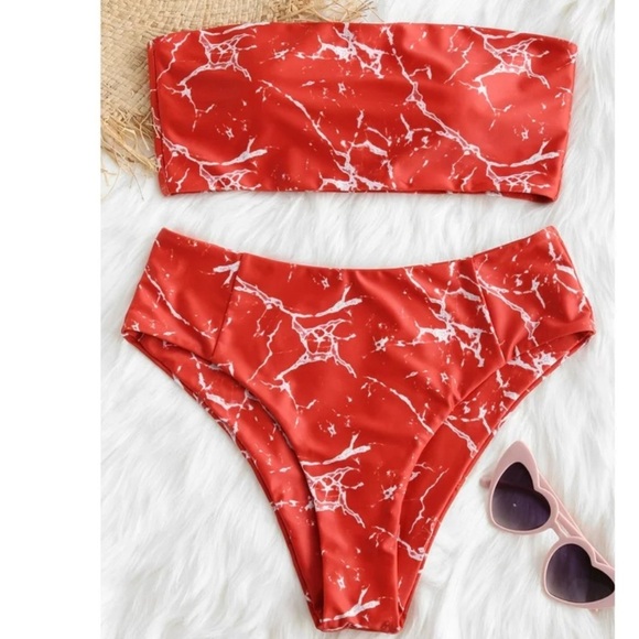 ZAFUL Strapless Marble Print High Waisted Bathing Suit Purple Sage Bush - Picture 2 of 7